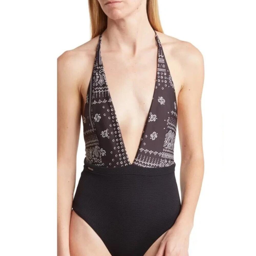 MAAJI Black Bandana Rainbow Plunge Neck Reversible One-Piece Swimsuit (M)